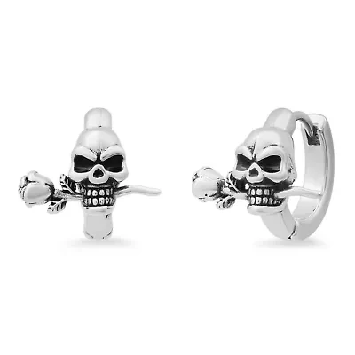 Men's stainless steel skull with rose huggie earrings