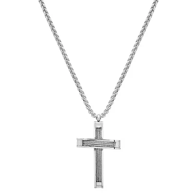 Men's stainless steel and inlay wire cable cross pendant