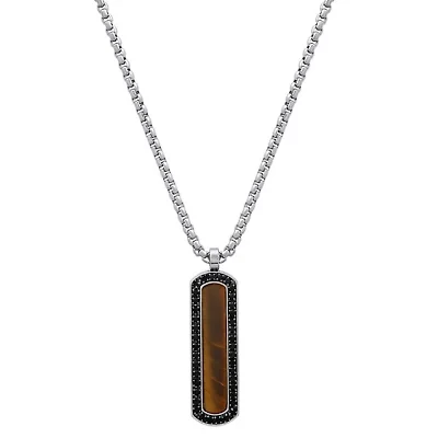 Lab Created Men's stainless steel, black simulated diamonds and tiger eye dog tag pendant