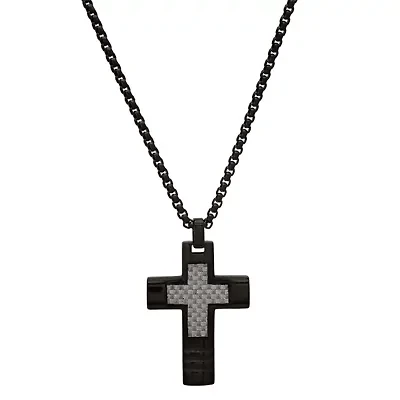 Men's black ip stainless steel and white carbon fiber cross pendant