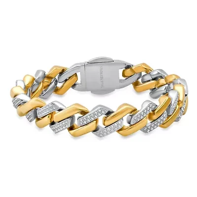 Lab Created Men's two tone stainless steel and 18k gold plated simulated diamonds curb miami cuban link chain bracelet