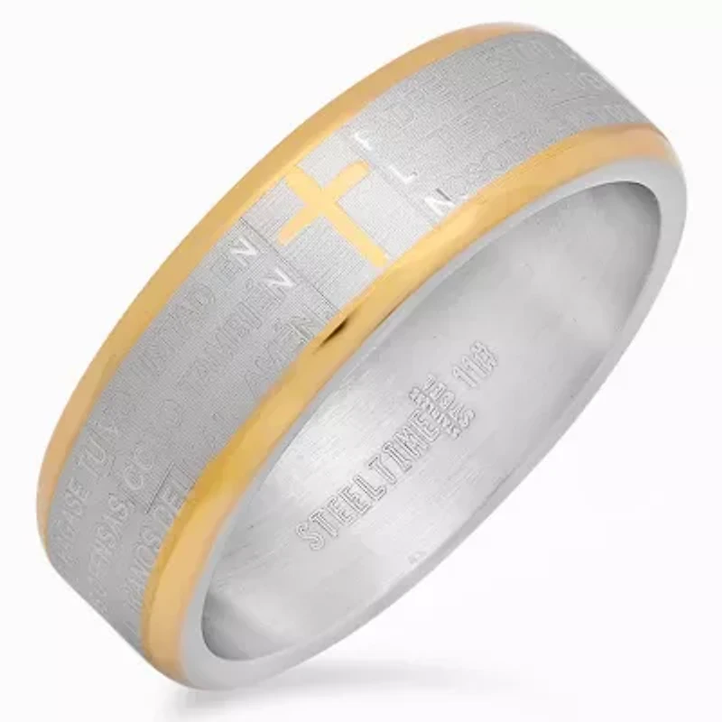 Men's two tone stainless steel and 18k gold plated 'padre nuestro' prayer ring