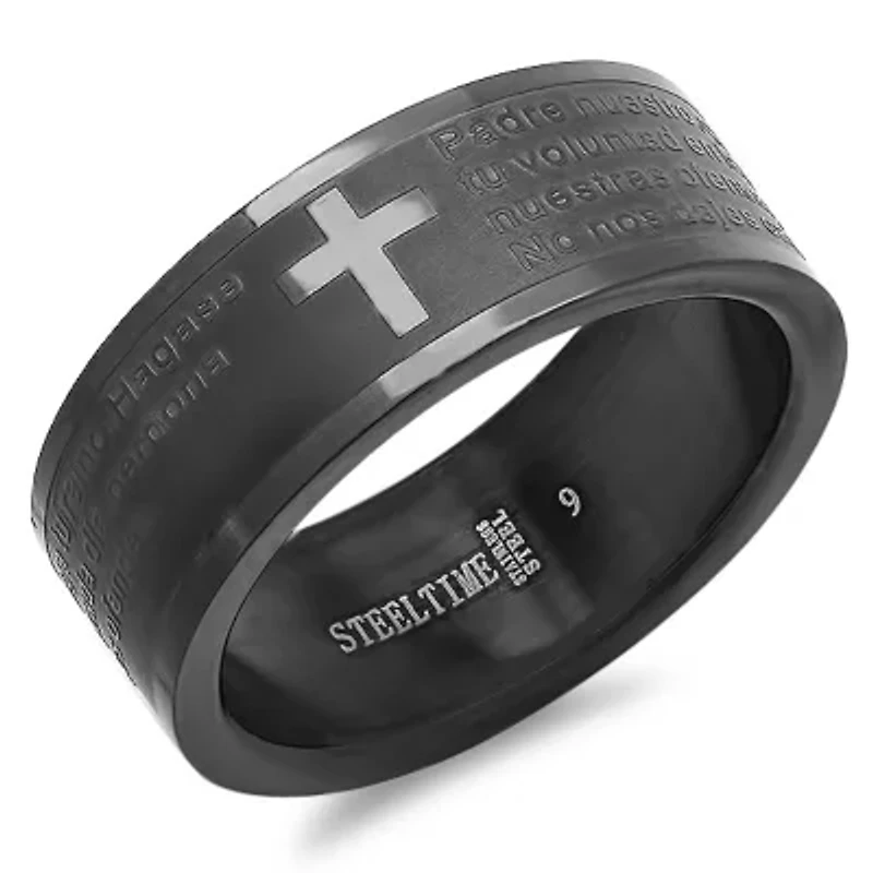 Men's black ip 'padre nuestro' prayer ring