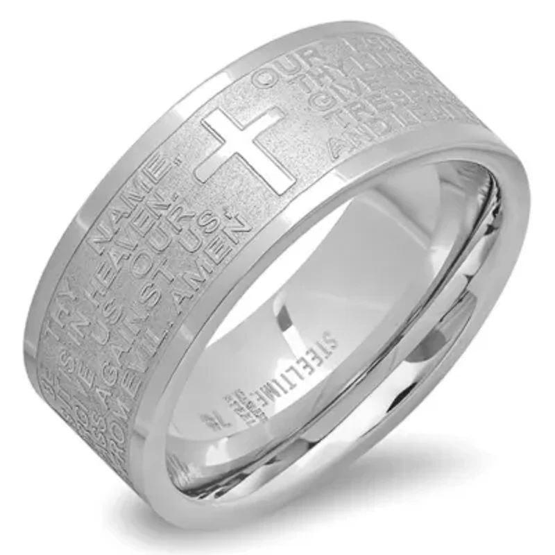 Men's stainless steel band ring with english prayer accent