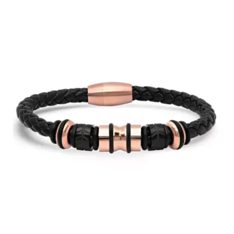 Men's genuine black leather braided bracelet with 18k gold plated stainless steel accents