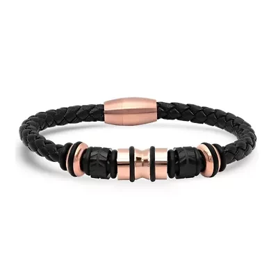 Men's genuine black leather braided bracelet with 18k gold plated stainless steel accents