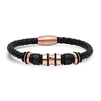 Men's genuine black leather braided bracelet with 18k gold plated stainless steel accents