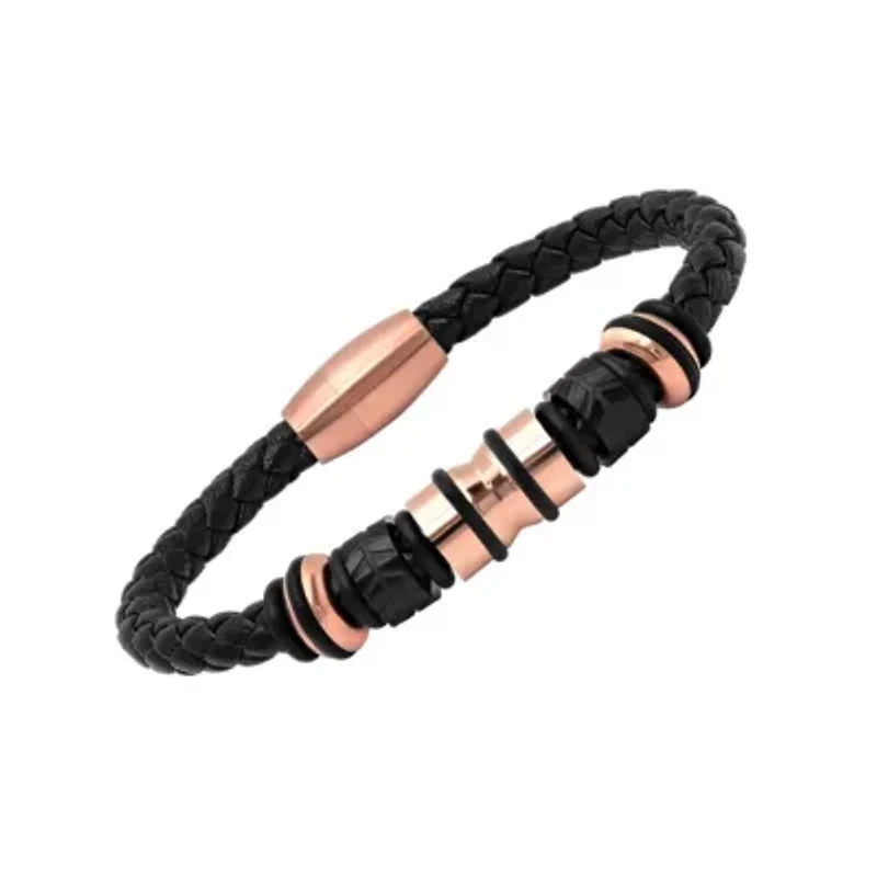 Men's genuine black leather braided bracelet with 18k gold plated stainless steel accents