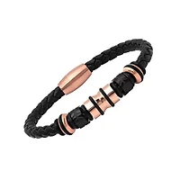 Men's genuine black leather braided bracelet with 18k gold plated stainless steel accents