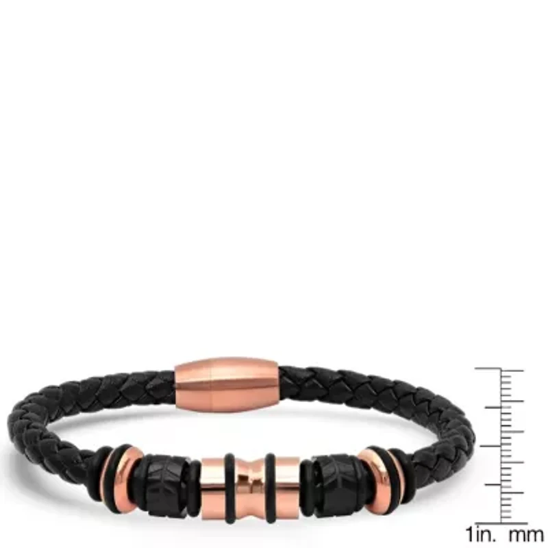 Men's genuine black leather braided bracelet with 18k gold plated stainless steel accents