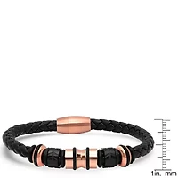 Men's genuine black leather braided bracelet with 18k gold plated stainless steel accents