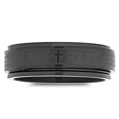 Men's black ip stainless steel padre nuestro prayer spinner ring