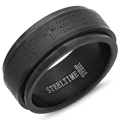 Men's stainless steel black ip spinner ring with lord's prayer english