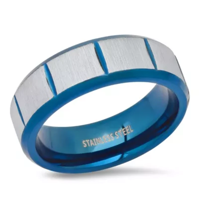 Men's two tone blue ip and stainless steel brush finish band ring