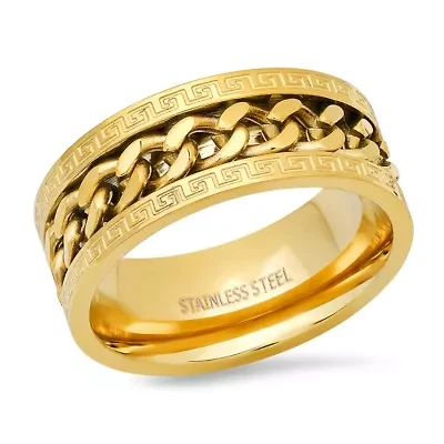 Men's stainless steel cuban chain inlay and greek key accents band ring