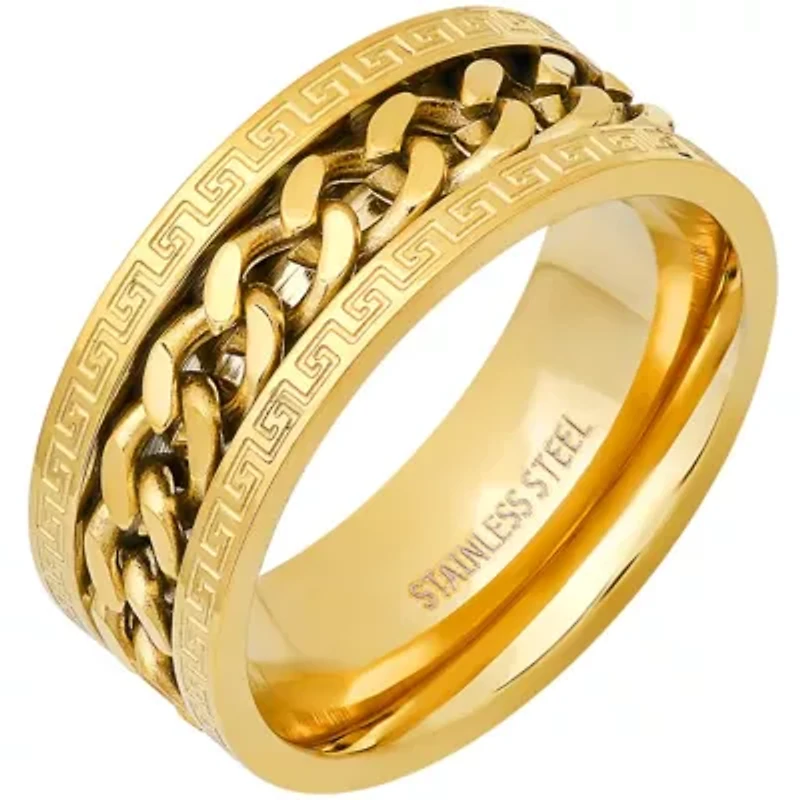 Men's stainless steel cuban chain inlay and greek key accents band ring