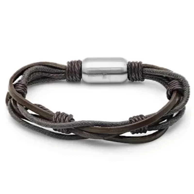 Men's brown leather/stainless steel and wood/tiger eye 2pc set bracelets