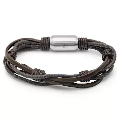 Men's brown leather/stainless steel and wood/tiger eye 2pc set bracelets