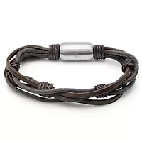 Men's brown leather/stainless steel and wood/tiger eye 2pc set bracelets