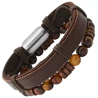 Men's brown leather/stainless steel and wood/tiger eye 2pc set bracelets