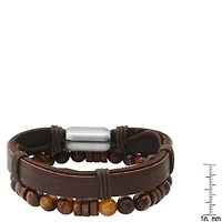 Men's brown leather/stainless steel and wood/tiger eye 2pc set bracelets