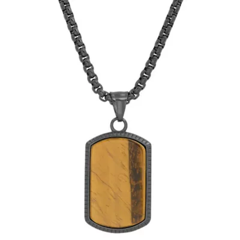 Men's 18k gold plated stainless steel and tiger eye dog tag pendant