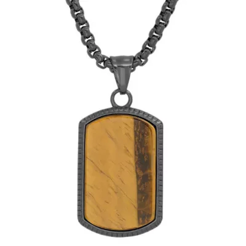 Men's 18k gold plated stainless steel and tiger eye dog tag pendant