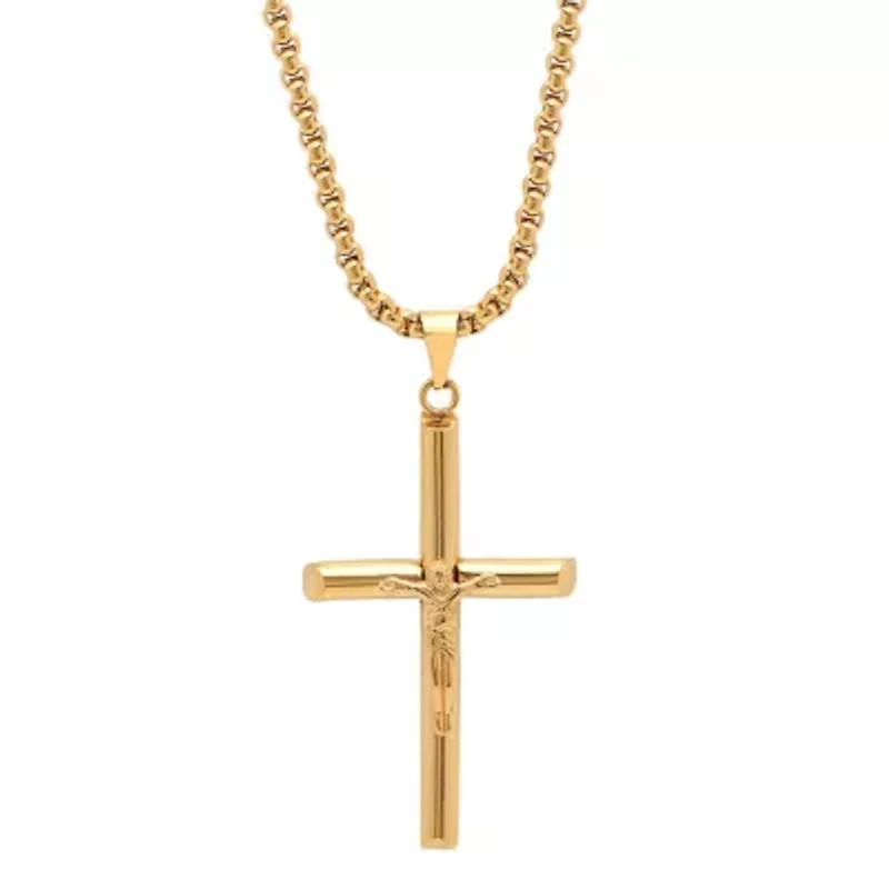 Men's 18k gold plated stainless steel crucifix tube pendant
