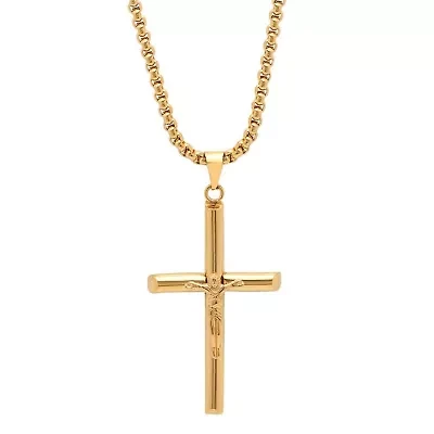Men's 18k gold plated stainless steel crucifix tube pendant