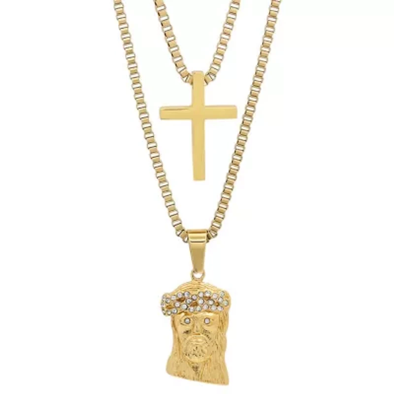 Men's 18k gold plated stainless steel double layered cross and jesus with simulated diamonds necklace
