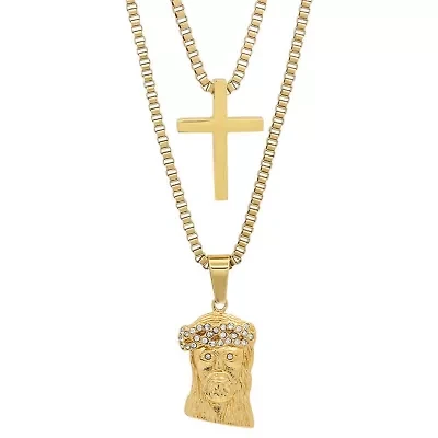Men's 18k gold plated stainless steel double layered cross and jesus with simulated diamonds necklace