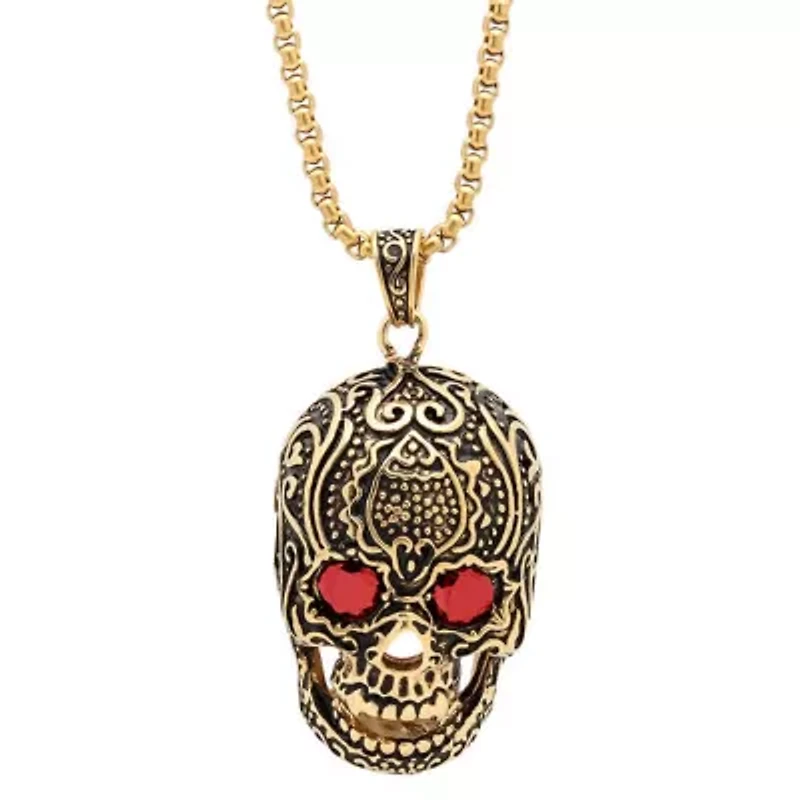 Men's stainless steel skull pendant with Red simulated diamonds