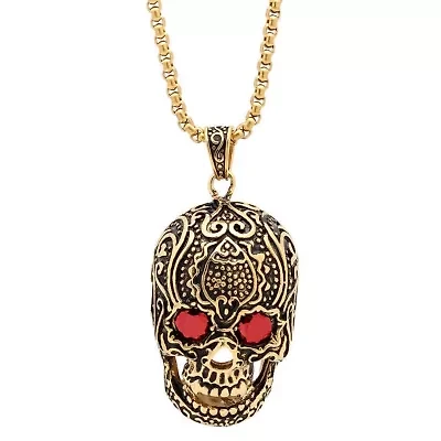 Men's stainless steel skull pendant with Red simulated diamonds