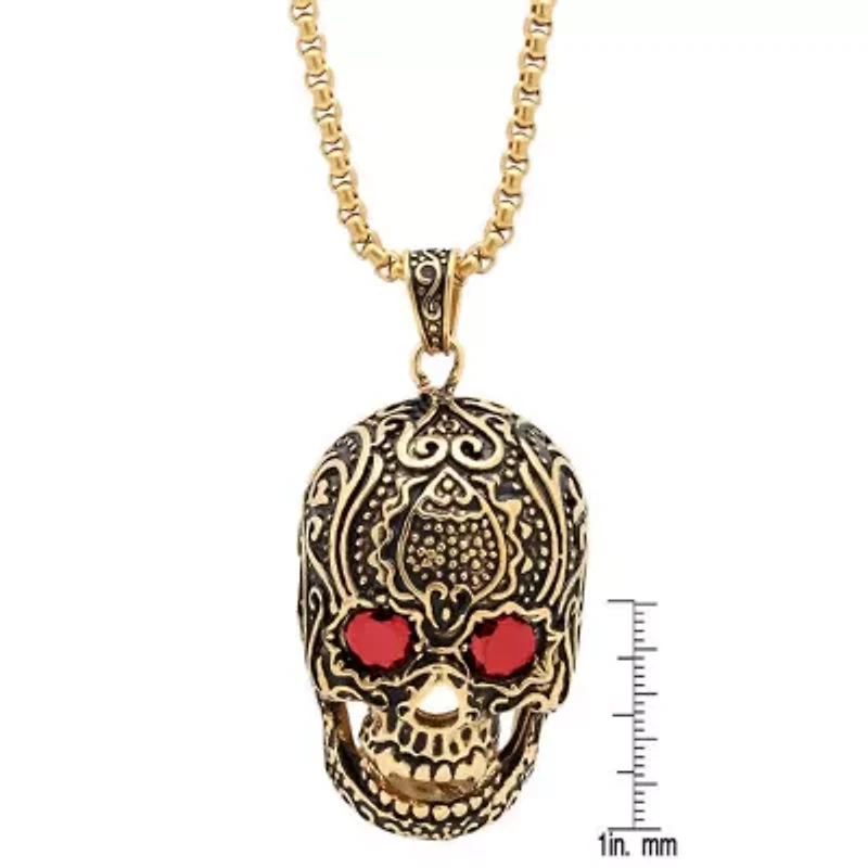 Men's stainless steel skull pendant with Red simulated diamonds