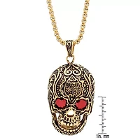 Men's stainless steel skull pendant with Red simulated diamonds
