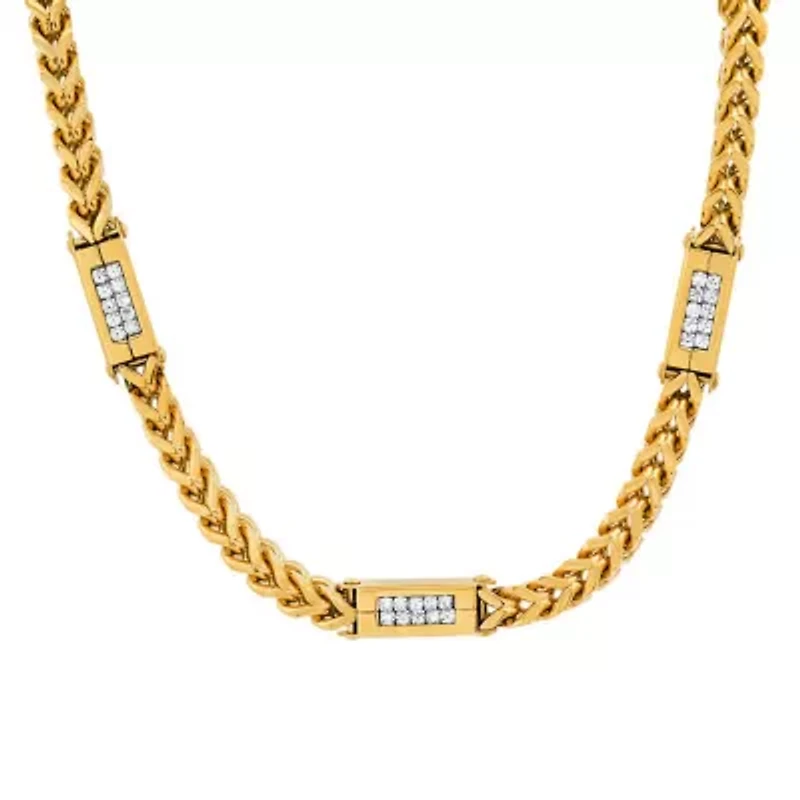 Men's stainless steel wheat chain and simulated diamonds link necklace
