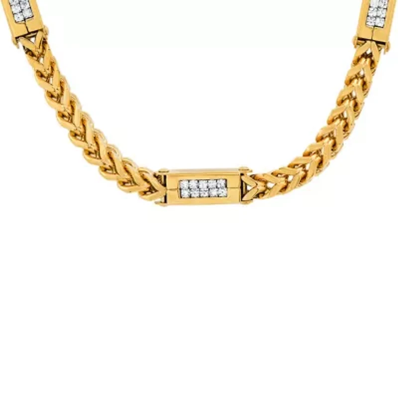 Men's stainless steel wheat chain and simulated diamonds link necklace
