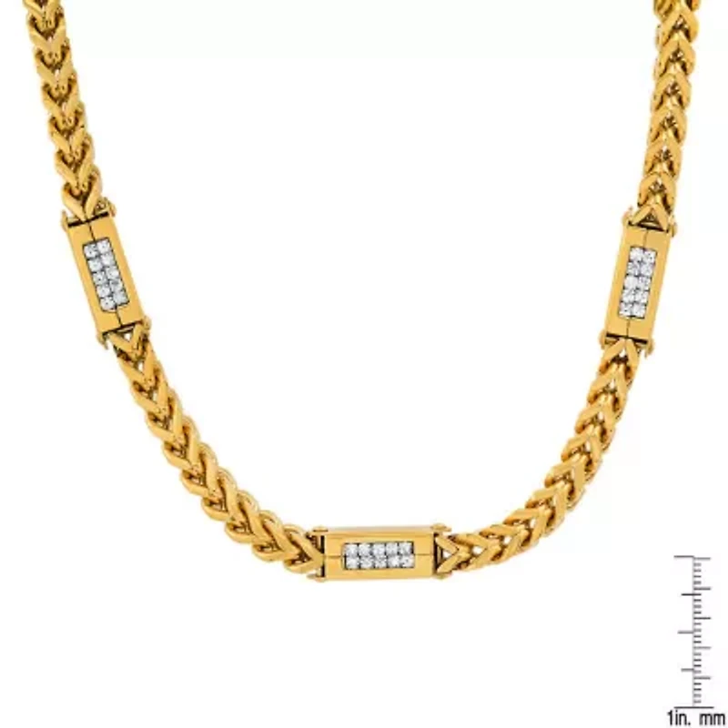 Men's stainless steel wheat chain and simulated diamonds link necklace