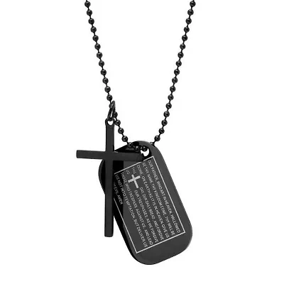 Men's black ip stainless steel cross and Our Father prayer dog tag pendants on ball chain