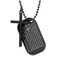 Men's stainless steel cross and Our Father prayer dog tag pendants on ball chain