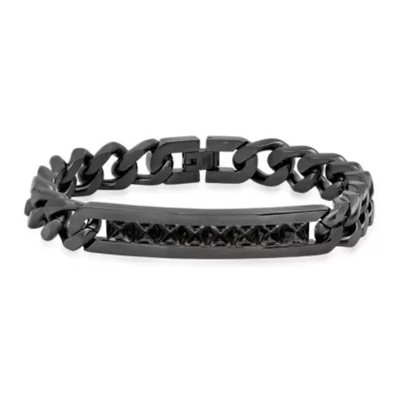 Men's black ip stainless steel thick cuban link chain and simulated diamonds id bracelet
