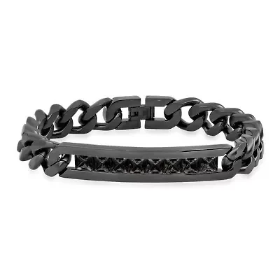 Men's black ip stainless steel thick cuban link chain and simulated diamonds id bracelet