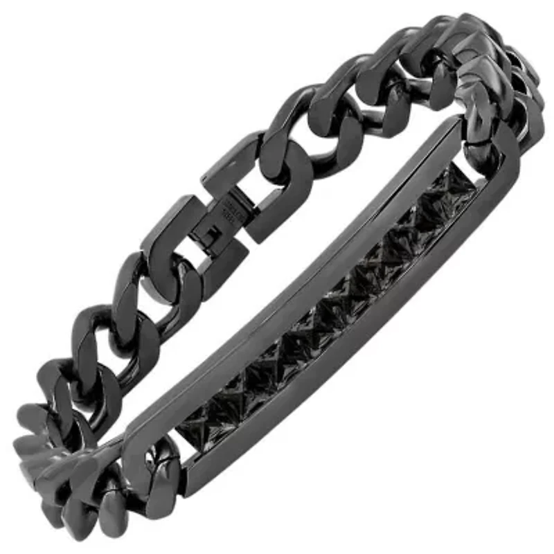 Men's black ip stainless steel thick cuban link chain and simulated diamonds id bracelet