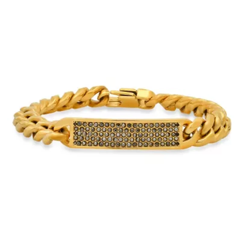 Men's stainless steel and simulated gray diamonds cuban link id bracelet