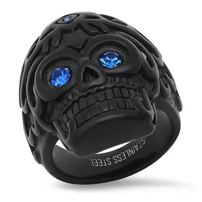 Men's black ip stainless steel and blue simulated diamonds skull ring