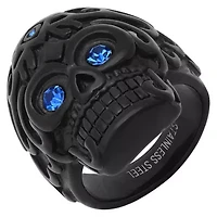 Men's black ip stainless steel and blue simulated diamonds skull ring