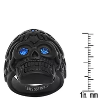 Men's black ip stainless steel and blue simulated diamonds skull ring