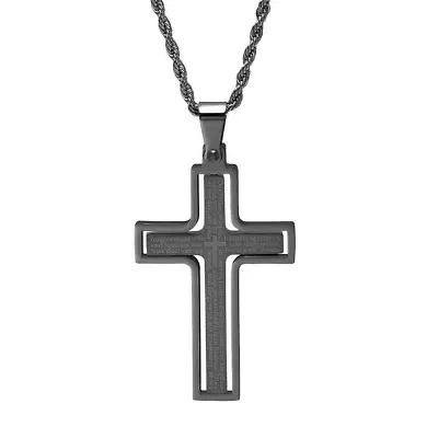 Men's two tone stainless steel and 18k gold plated our father prayer cross pendant