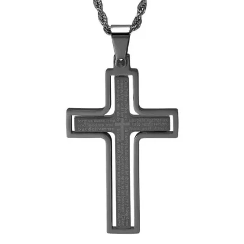 Men's two tone stainless steel and 18k gold plated our father prayer cross pendant