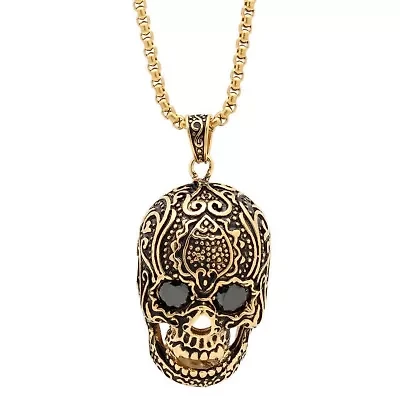 Men's stainless steel skull pendant with black cz